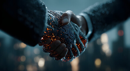Closeup of two businessmen shaking hands with digital circuit overlay and city skyline background, symbolizing technology and partnership