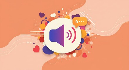 Abstract illustration of a speaker icon with sound waves and decorative elements