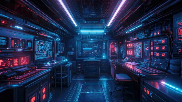 Loopable tech background: Futuristic command center with multiple screens, keyboards and servers bathed in vivid blue and pink neon, showing digital interfaces and network data in a cyberpunk setting - Powered by Adobe