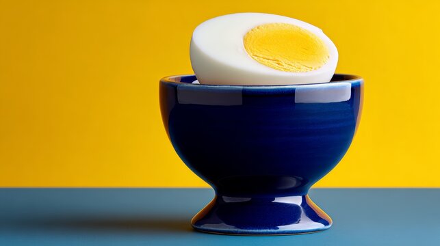 A blue bowl with a yolk and egg inside. The bowl is on a yellow background - Powered by Adobe
