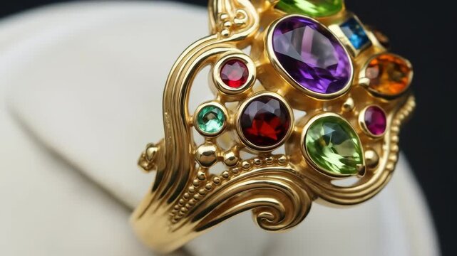 Ornate gold ring with colorful gemstones macro detailed close-up