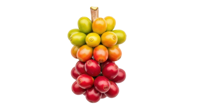 Isolated colorful arabica coffee cherries ripening on the branch, agriculture concept