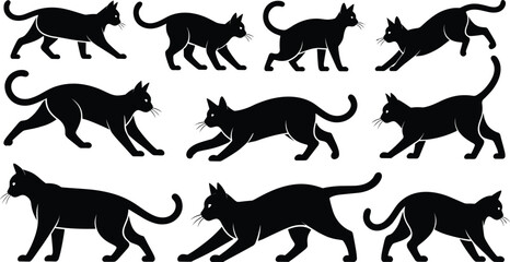 Silhouettes of cats in various walking and hunting poses, elegant feline movements, domestic animal behavior illustration set