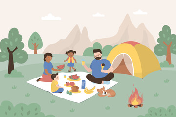 Happy multiethnic family having picnic in park or forest. Dad, mom, son, daughter resting together in nature. Parents and kids spending time together, camp with tent and fire.