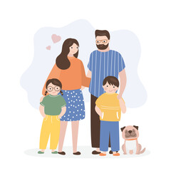 Happy family portrait. Man, woman and children stand side by side and hug each other. Caucasian parents and cute kids. Friendship, happiness and family values.