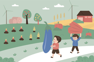 Boys harvesting, bell pepper and eggplant in hands of young gardeners. Little smiling kids with harvest. Concept of horticulture for every age and gender.