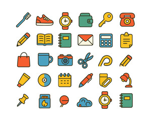 Colorful daily objects icon, daily essentials icon set, household object cartoon, tooth Brush, ‍shoe, bag, watch, Key, Telephone, pencil, lump etc