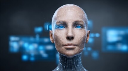 A woman's face is shown in a computer screen with a blue eye. Concept of technology and artificial intelligence, as the woman's face is displayed on a computer screen