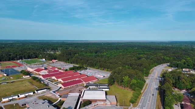 Aerial landscape of Richmond Hill public school sunny summer day in Bryan County Georgia