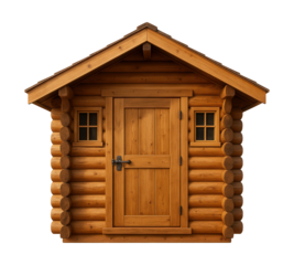 Charming garden shed with a log cabin look, perfect for storing fishing gear by the lake.