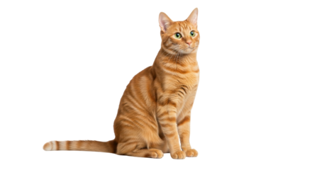 Isolated ginger tabby cat sitting attentively, looking to the side, full body shot