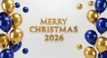 Minimal Merry Christmas 2026 typography with golden ornaments on white background, clean modern layout, luxury holiday design, elegant festive concept