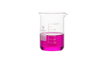 Isolated beaker of magenta liquid, laboratory measurement flask for chemistry education, transparent