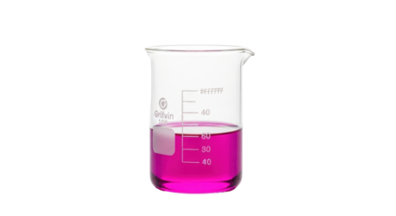 Isolated beaker of magenta liquid, laboratory measurement flask for chemistry education, transparent
