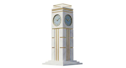 Isolated clock tower with ornate details on neutral, architectural time-telling structure