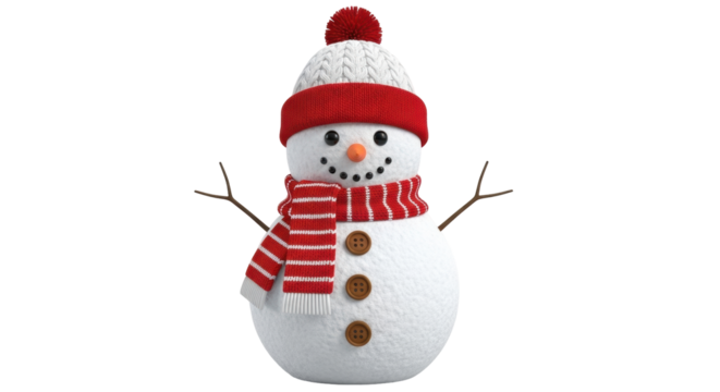 Isolated cheerful snowman in hat and scarf smiling in winter season, Christmas holiday
