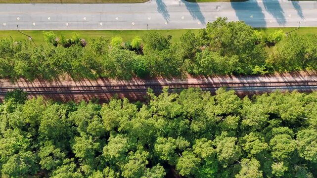 Aerial top down of Richmond Hill train tracks in forest sunny summer day in Bryan County Georgia