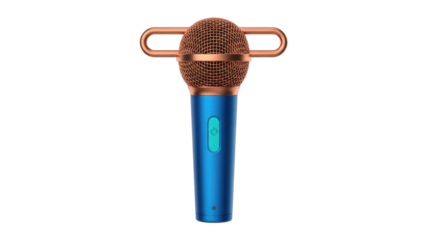 Isolated blue microphone for karaoke singing, entertainment device on a white surface