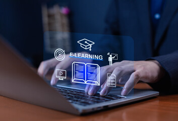 Businessman using laptop for e-learning with digital education icons, online training, knowledge management, and virtual classroom concept for modern technology and distance learning solutions.