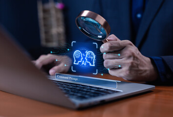 Businessman analyzing artificial intelligence data on laptop with magnifying glass, symbolizing AI research, machine learning, data analysis, and innovative technology in digital transformation.