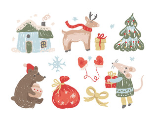 Collection of classic Christmas attributes with vibrant colors and rich texture crayon style drawing