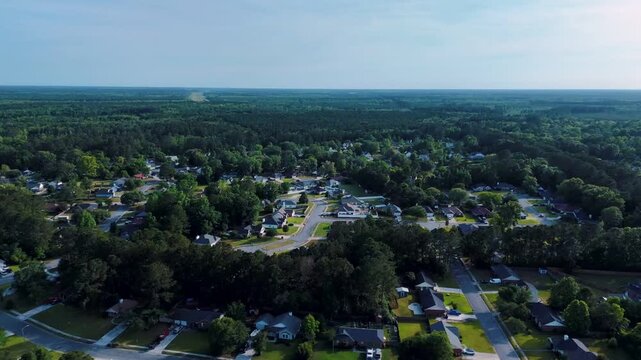 Aerial landscape of Richmond Hill residential area sunny summer day in Bryan County Georgia