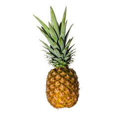 Fototapeta premium Fresh whole pineapple with green leaves photo on plain white background, tropical fruit style, bright studio lighting, stock photography for fruit packaging and juice advertising