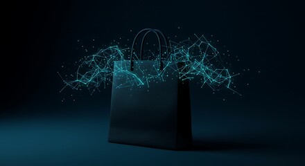 Abstract shopping bag with digital network connection graphic on dark background