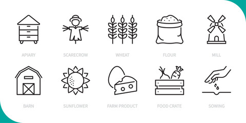 Agriculture & farming line icon set. Apiary, scarecrow, wheat, flour, mill, barn, sunflower, farm product, food crate, sowing sign. Vector illustration. Editable stroke. Flat design. © Nivins McTwisp