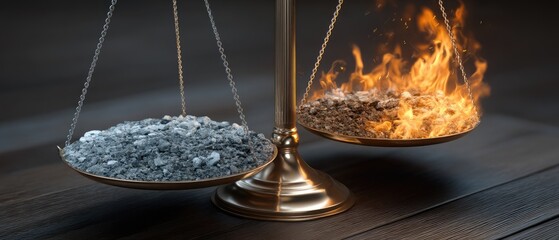 Balance of elements with ashes on one side and flames on the other demonstrates the contrast between destruction and transformation in a symbolic setting