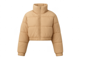 Beige cropped puffer jacket mockup transparent background