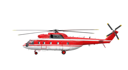 Isolated red and white helicopter on a clear backdrop, air transport for aviation themes