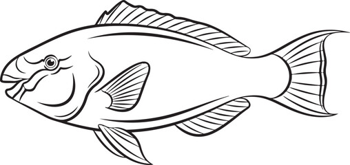 Stylized Black and White Outline Illustration of a Fish
