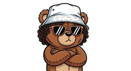 Cool Teddy Bear Cartoon Character with Bucket Hat and Sunglasses Standing with Arms Crossed, Illustration for Children's Book, Mascot, Logo, Marketing, Plush Toy, Graphic Design, Apparel, Apparel Prin