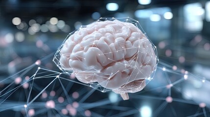 Concept of artificial intelligence showcasing a brain surrounded by digital connections and data networks in a futuristic environment during the day