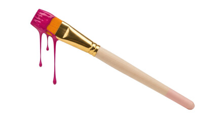 Isolated dripping paint brush with magenta pink color paint, art instrument for creative work