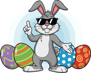 Cool Easter Bunny with Sunglasses Pointing Up Surrounded by Colorful Decorated Easter Eggs, Fun Celebration Springtime Holiday Season Cartoon Vector Illustration Graphic Design for Marketing, Children