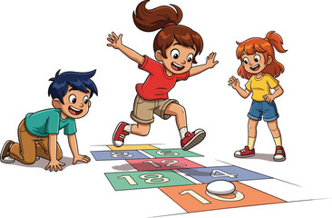 Enthusiastic Children Playing Hopscotch Game Outdoors on Sunny Day, Enjoying Childhood Fun and Physical Activity in a Schoolyard Playground with Vibrant Colors, a Digital Illustration for Educational