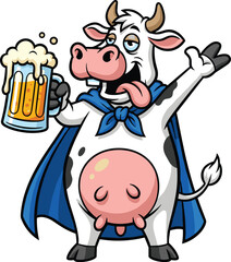 Cartoon Cow Superhero Toasting Beer in Celebration of Success with Blue Cape on White Background: Mascot Character for Brewery, Restaurant, Pub or Farm Promoting Dairy, Good Times, and Fun Beverages