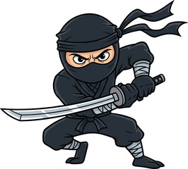 Cartoon Ninja Warrior Ready for Battle with Katana Sword in Dynamic Action Pose on White Background, A Martial Arts Expert with Serious Expression for Gaming Character Design and Animation, Modern Ill