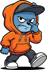 Grumpy Blue Bear Cartoon Character Walking Confidently in Orange Hoodie and Baseball Cap, Pointing at Nose, Digital Illustration for Children's Designs, Urban Streetwear, Graphic Arts, Comical Mascot,