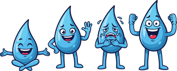 Cartoon Water Droplet Characters Expressing Emotions: Happy, Sad, and Excited in a White Isolated Background, Illustrating Moods and Feelings for Education, Environmental Projects, and Animated Storie