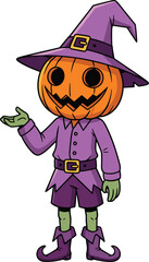Whimsical Halloween Pumpkin Character in Purple Costume Presenting with Open Palm on White Backdrop, Ideal for Holiday Celebration Marketing Materials, and Children's Illustration with Fun, Spooky, Au