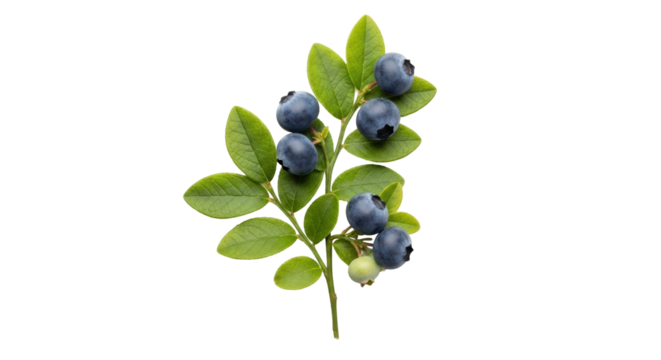 Isolated blueberry sprig with several ripe berries and leaves on a sprig, fresh produce