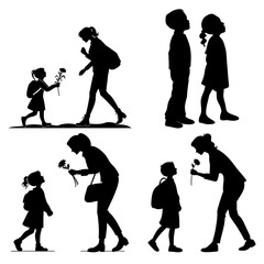 Heartwarming Teacher and Student Silhouette Collection Children Giving Flowers Gratitude and Love Concept Vector