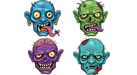 Cartoon Zombie Heads with Piercings and Brains in Varied Colors for Halloween Design Element or Spooky Character Illustration, Horror Concept, Undead Graphic Art for Creepy Presentation or Macabre The
