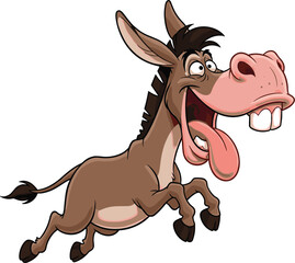 Humorous Donkey Cartoon Character Galloping Joyfully Against White Backdrop Depicting Animal Antics, Equestrian Themes, Children's Entertainment, Animation, Comic Relief, Humor, Mascot, Animal Illustr