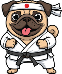 Cartoon Pug Dog Practicing Karate with Determination in Traditional Dojo Setting, Illustration for Martial Arts Promotion, Animated Mascot Design, Sporty Graphic for Kids Education, Self-Defense Train