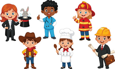 Diverse Group of Kids in Various Professions Posing Cheerfully Against a White Backdrop, Showcasing Career Aspirations and Educational Opportunities, Including Doctor, Chef, Magician, Cowboy, and Fire