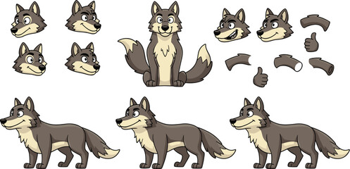 Cartoon Wolf Character Design Kit for Animation and Games, with Different Poses, Expressions and Body Parts, Isolated on White Background, Vector Illustration for Children's Media and Mascot Branding,